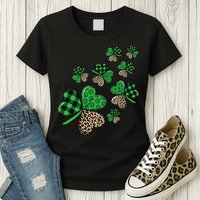St. Patricks Day Shamrock Irish Leopard Print Plaid Pattern Womens T-Shirt