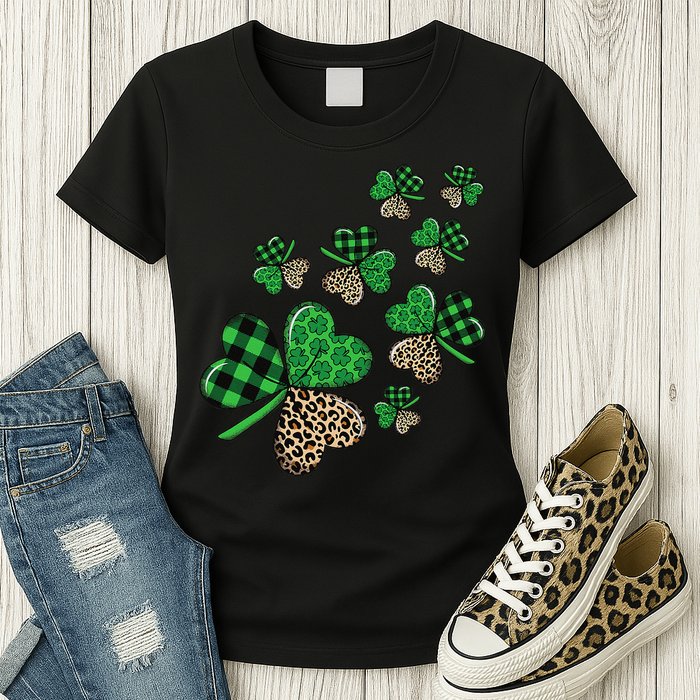 St. Patricks Day Shamrock Irish Leopard Print Plaid Pattern Womens T-Shirt