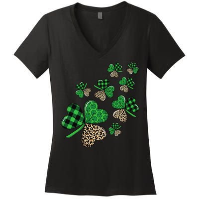 St. Patricks Day Shamrock Irish Leopard Print Plaid Pattern Women's V-Neck T-Shirt