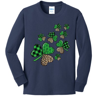 St. Patricks Day Shamrock Irish Leopard Print Plaid Pattern Kids Long Sleeve Shirt