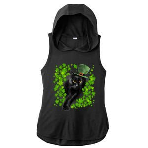 St Patrick Day Black Cat 3 Leaf Clover Kitten Lover Irish Ladies PosiCharge Tri-Blend Wicking Draft Hoodie Tank