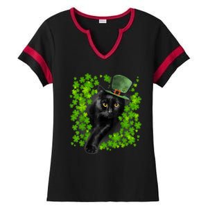 St Patrick Day Black Cat 3 Leaf Clover Kitten Lover Irish Ladies Halftime Notch Neck Tee