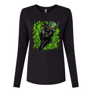 St Patrick Day Black Cat 3 Leaf Clover Kitten Lover Irish Womens Cotton Relaxed Long Sleeve T-Shirt