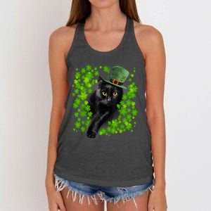 St Patrick Day Black Cat 3 Leaf Clover Kitten Lover Irish Women's Knotted Racerback Tank