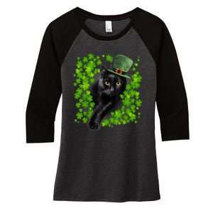 St Patrick Day Black Cat 3 Leaf Clover Kitten Lover Irish Women's Tri-Blend 3/4-Sleeve Raglan Shirt