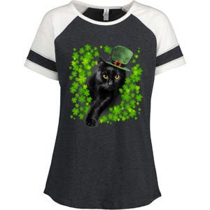 St Patrick Day Black Cat 3 Leaf Clover Kitten Lover Irish Enza Ladies Jersey Colorblock Tee