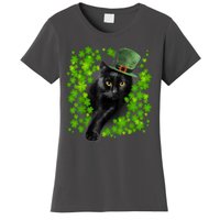 St Patrick Day Black Cat 3 Leaf Clover Kitten Lover Irish Women's T-Shirt