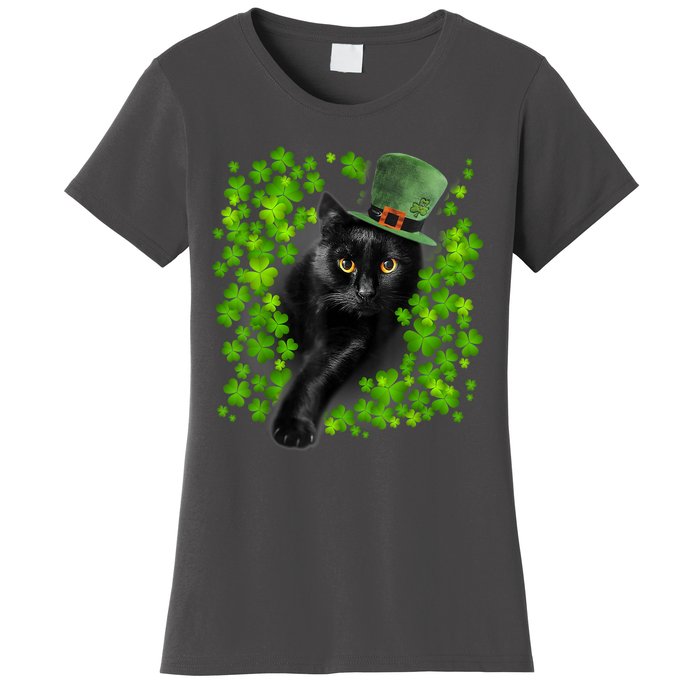 St Patrick Day Black Cat 3 Leaf Clover Kitten Lover Irish Women's T-Shirt