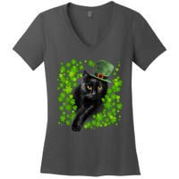 St Patrick Day Black Cat 3 Leaf Clover Kitten Lover Irish Women's V-Neck T-Shirt