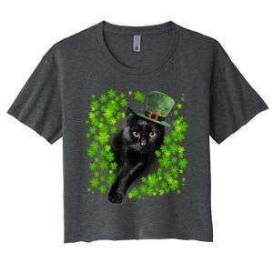 St Patrick Day Black Cat 3 Leaf Clover Kitten Lover Irish Women's Crop Top Tee