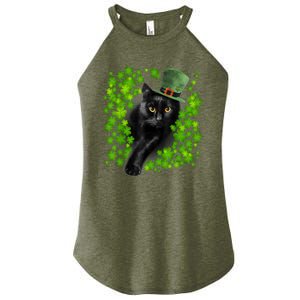 St Patrick Day Black Cat 3 Leaf Clover Kitten Lover Irish Women's Perfect Tri Rocker Tank