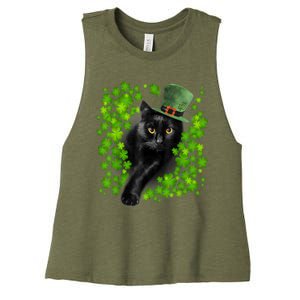 St Patrick Day Black Cat 3 Leaf Clover Kitten Lover Irish Women's Racerback Cropped Tank