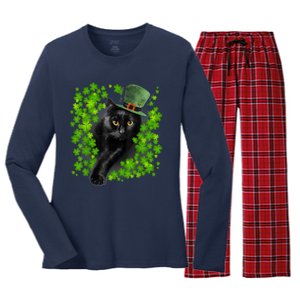 St Patrick Day Black Cat 3 Leaf Clover Kitten Lover Irish Women's Long Sleeve Flannel Pajama Set 