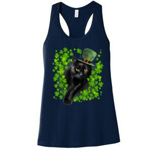 St Patrick Day Black Cat 3 Leaf Clover Kitten Lover Irish Women's Racerback Tank