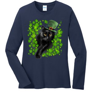 St Patrick Day Black Cat 3 Leaf Clover Kitten Lover Irish Ladies Long Sleeve Shirt