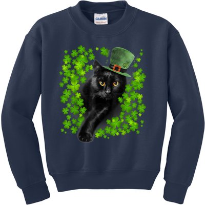 St Patrick Day Black Cat 3 Leaf Clover Kitten Lover Irish Kids Sweatshirt