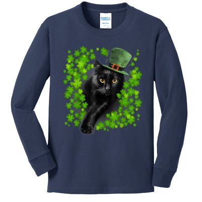 St Patrick Day Black Cat 3 Leaf Clover Kitten Lover Irish Kids Long Sleeve Shirt