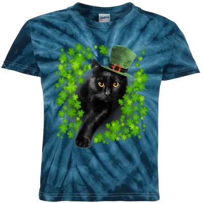 St Patrick Day Black Cat 3 Leaf Clover Kitten Lover Irish Kids Tie-Dye T-Shirt