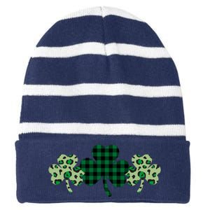 St Patricks Day Shamrock Pattern Striped Beanie with Solid Band