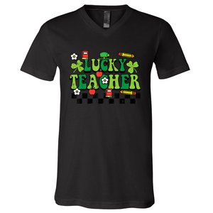 St Patricks Day Lucky Teacher Saint Paddys Groovy Wo V-Neck T-Shirt