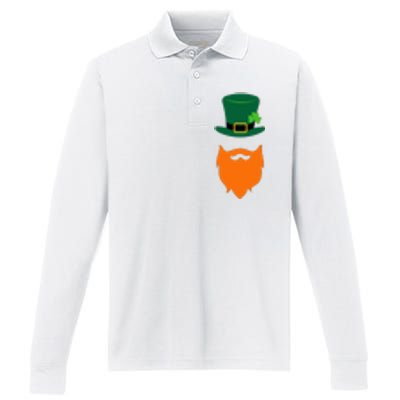 St Patrick's Day Beard Guy Funny Performance Long Sleeve Polo