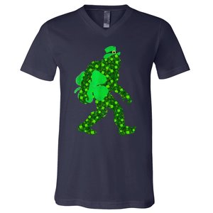 St Patricks Day Bigfoot Clover Leaf Irish Sasquatch V-Neck T-Shirt