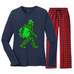 St Patricks Day Bigfoot Clover Leaf Irish Sasquatch Women's Long Sleeve Flannel Pajama Set 