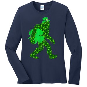 St Patricks Day Bigfoot Clover Leaf Irish Sasquatch Ladies Long Sleeve Shirt