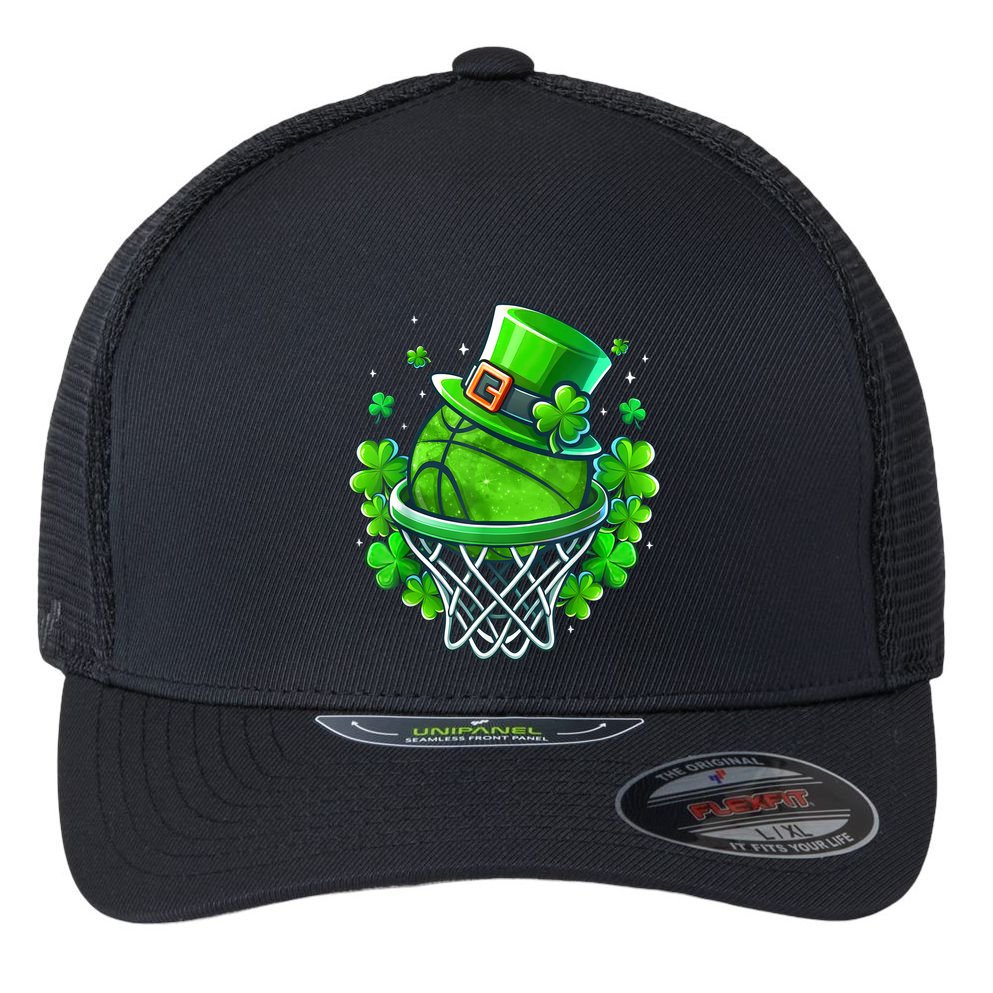 St Patricks Day Shamrock Basketball Irish Leprechaun Flexfit Unipanel Trucker Cap
