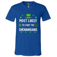 St Patricks Day Shamrock Most Likely To Start The Shenanigan V-Neck T-Shirt