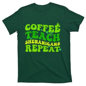 St Patricks Day Coffee Teach Shenanigans Repeat Teacher T-Shirt