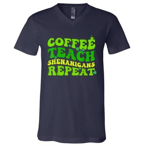 St Patricks Day Coffee Teach Shenanigans Repeat Teacher V-Neck T-Shirt