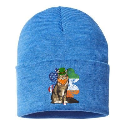 St Patricks Day Irish American Flag Maine Coon Cat Meaningful Gift Sustainable Knit Beanie