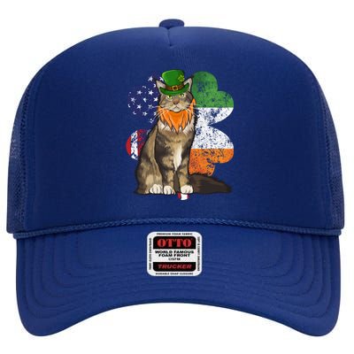 St Patricks Day Irish American Flag Maine Coon Cat Meaningful Gift High Crown Mesh Back Trucker Hat