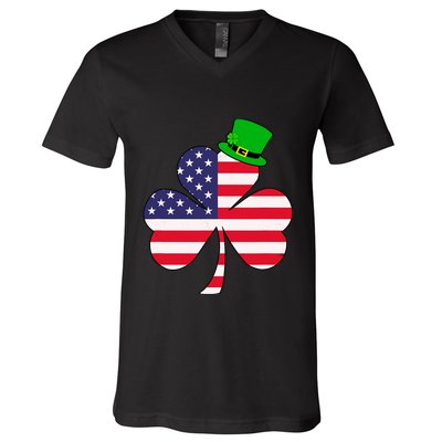 St Patricks Day | Irish American Flag Shamrock V-Neck T-Shirt