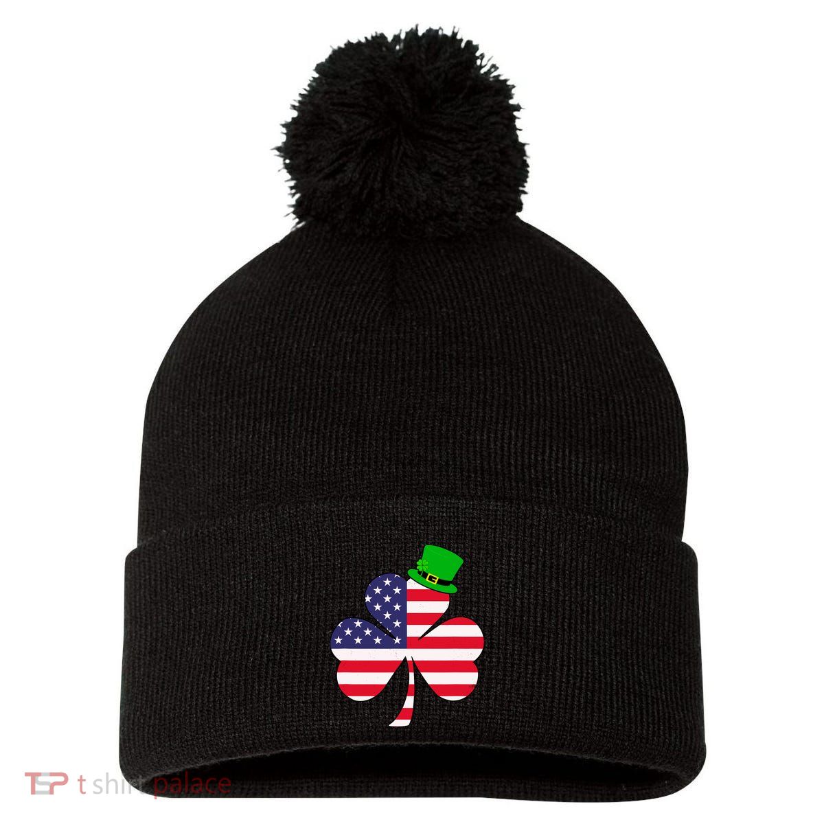 St Patricks Day | Irish American Flag Shamrock Pom Pom 12in Knit Beanie