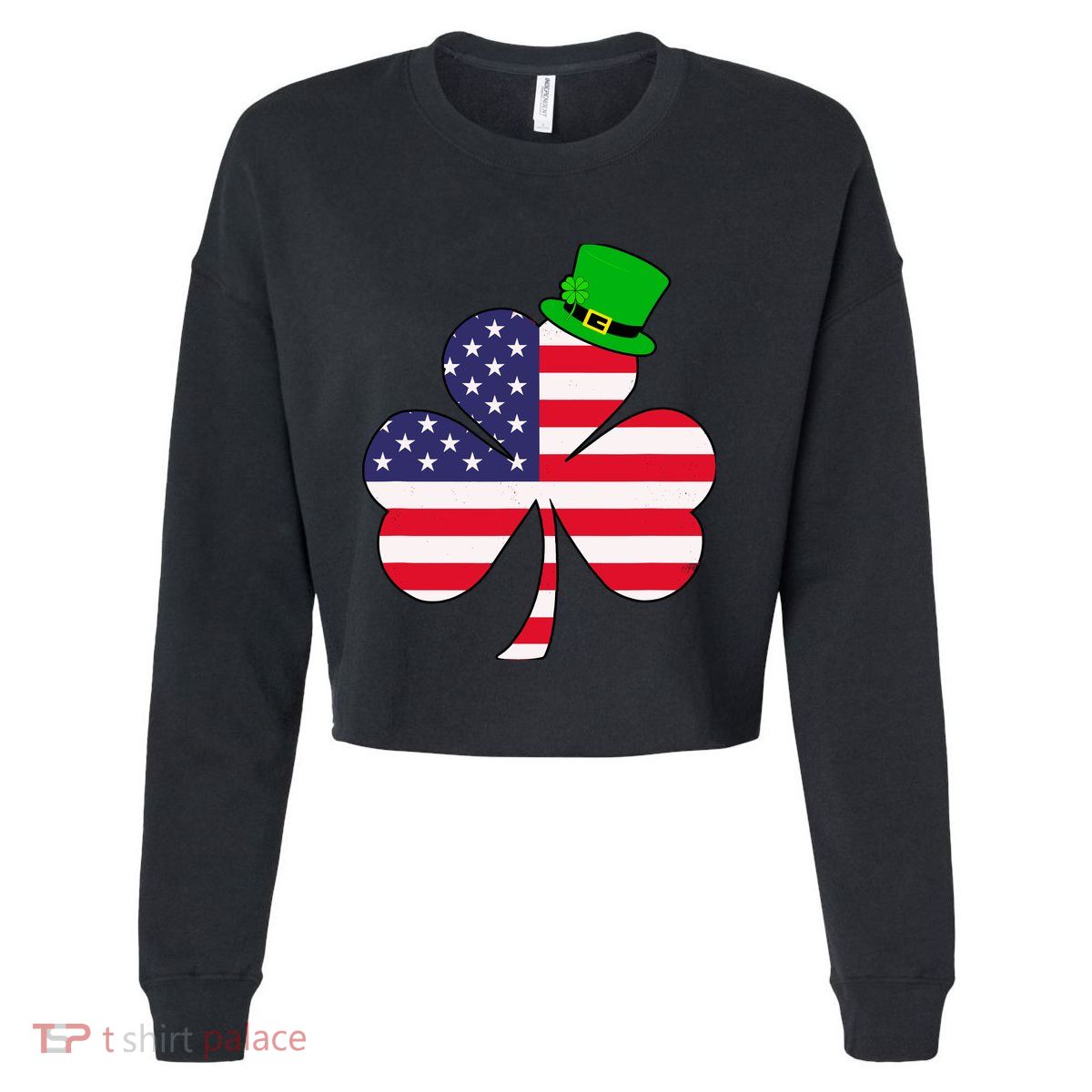 St Patricks Day | Irish American Flag Shamrock Cropped Pullover Crew