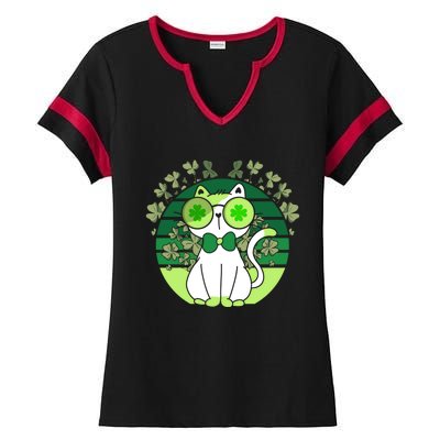 St Patricks Day Lucky Clover Cat Lover Leprechaun Cat Gift Ladies Halftime Notch Neck Tee