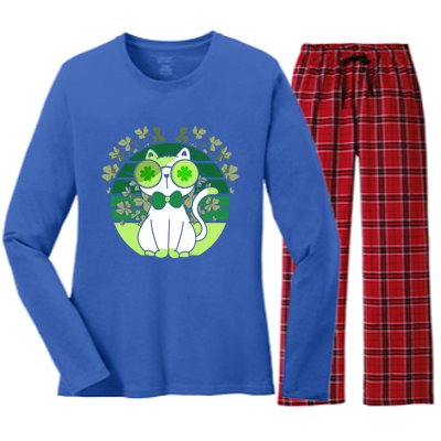 St Patricks Day Lucky Clover Cat Lover Leprechaun Cat Gift Women's Long Sleeve Flannel Pajama Set 