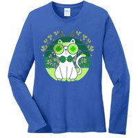 St Patricks Day Lucky Clover Cat Lover Leprechaun Cat Gift Ladies Long Sleeve Shirt