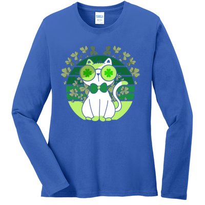 St Patricks Day Lucky Clover Cat Lover Leprechaun Cat Gift Ladies Long Sleeve Shirt