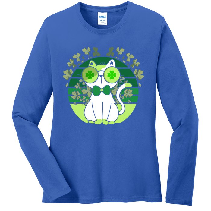 St Patricks Day Lucky Clover Cat Lover Leprechaun Cat Gift Ladies Long Sleeve Shirt