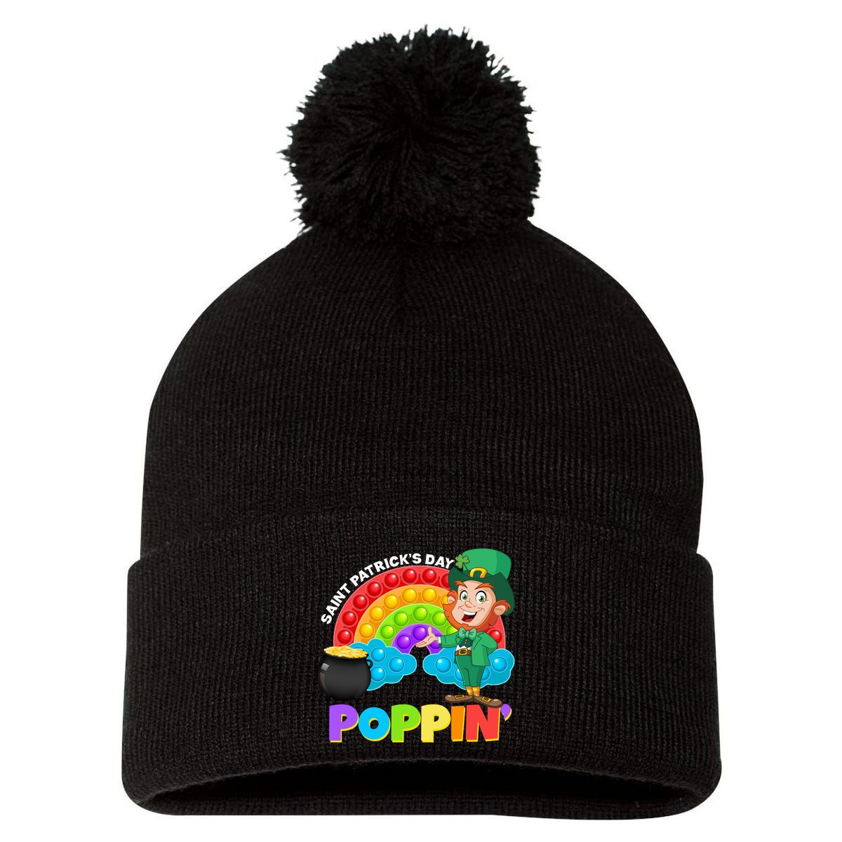 St Patrick's Day Push Pop Leprechaun Pom Pom 12in Knit Beanie