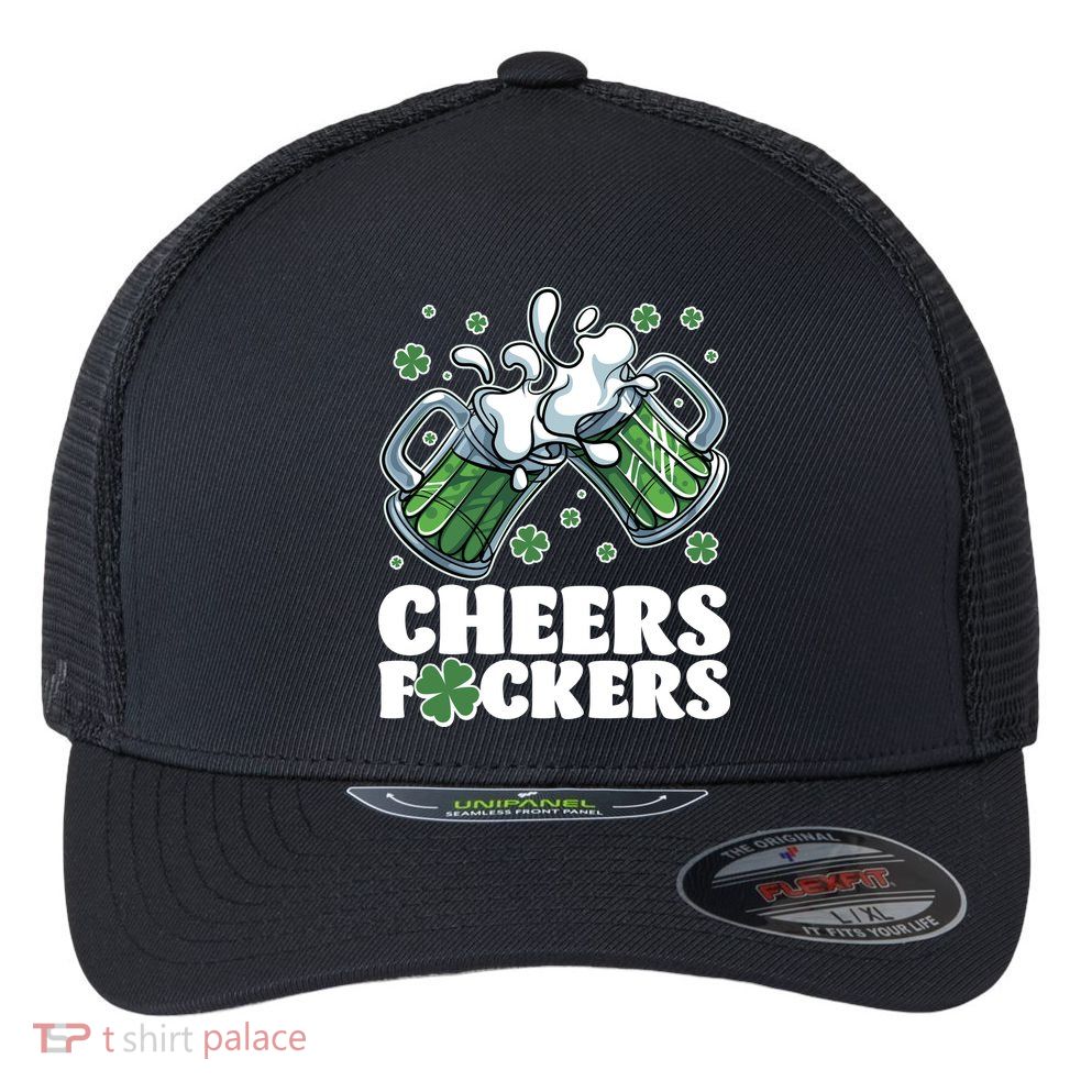 St Patricks Day Cheers Fckers Shamrock Clover Green Beer Flexfit Unipanel Trucker Cap