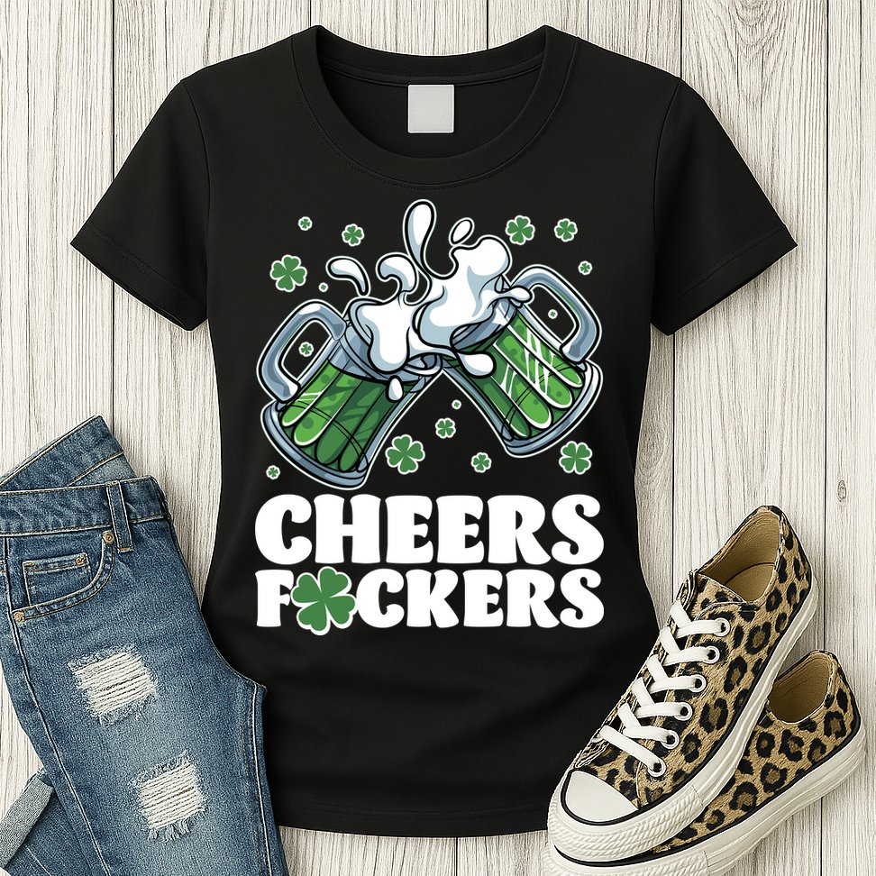 St Patricks Day Cheers Fckers Shamrock Clover Green Beer Womens T-Shirt