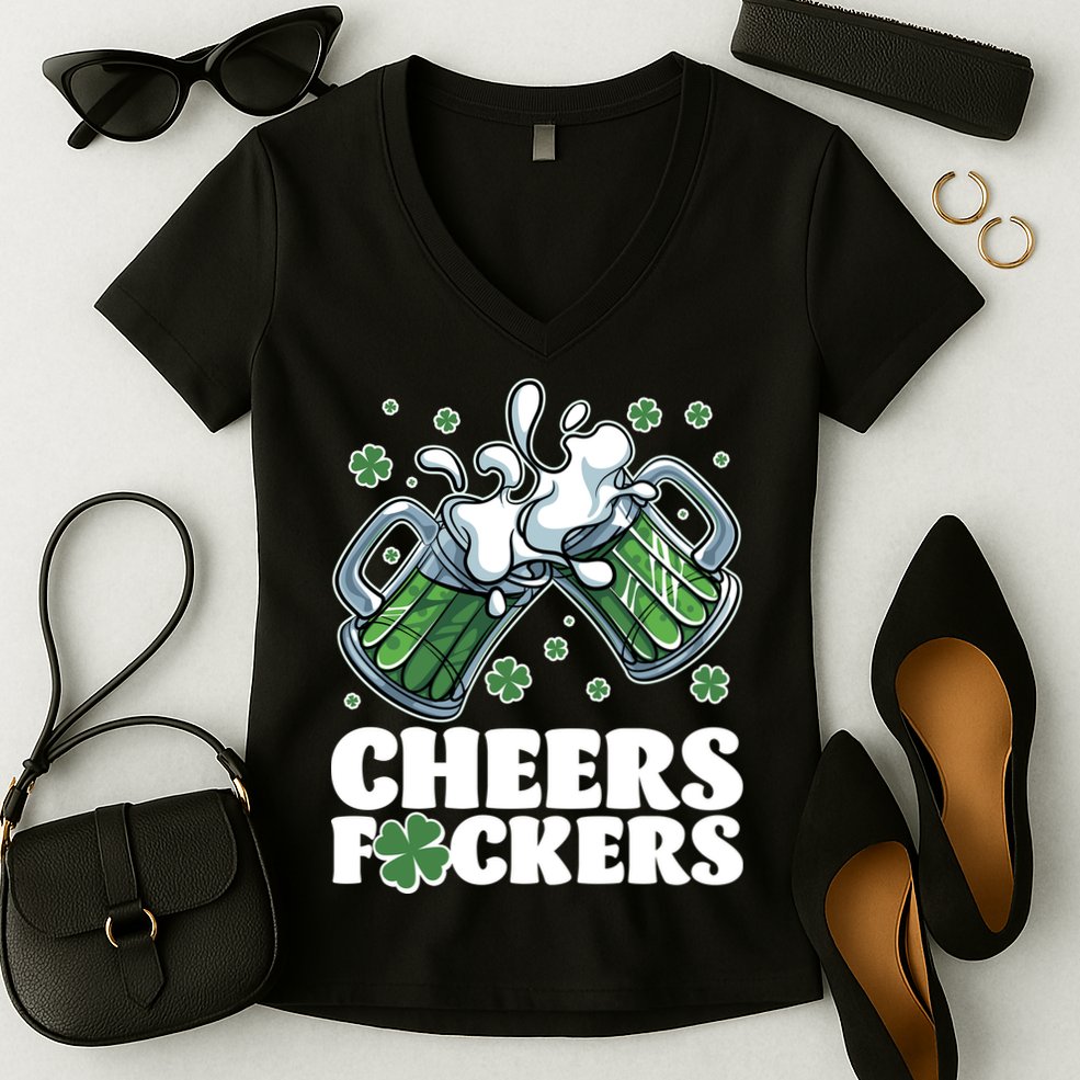 St Patricks Day Cheers Fckers Shamrock Clover Green Beer Women's V-Neck T-Shirt
