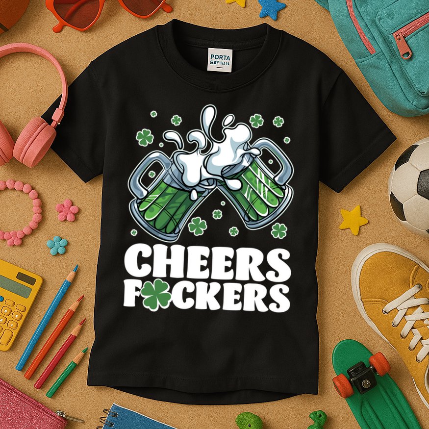 St Patricks Day Cheers Fckers Shamrock Clover Green Beer Kids T-Shirt