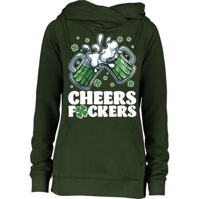 St Patricks Day Cheers Fckers Shamrock Clover Green Beer Womens Funnel Neck Pullover Hood