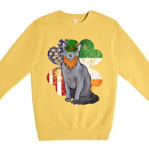 St Patricks Day Irish American Flag Russian Blue Cat Meaningful Gift Premium Crewneck Sweatshirt