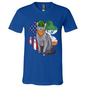 St Patricks Day Irish American Flag Russian Blue Cat Meaningful Gift V-Neck T-Shirt